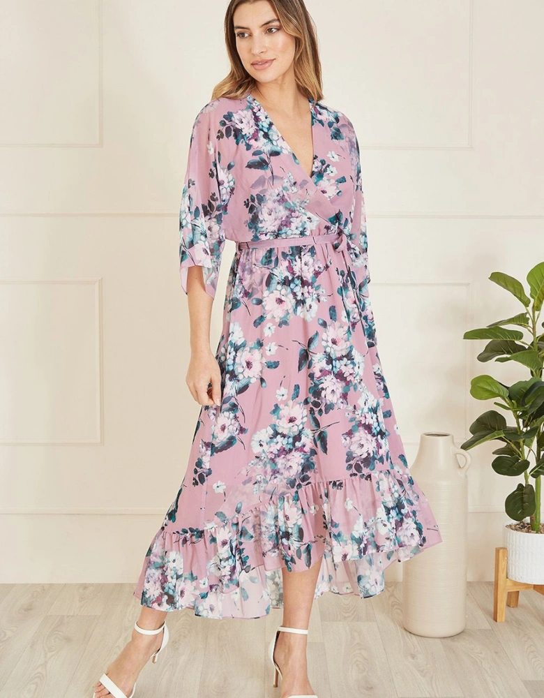 Blush Floral Kimono Dipped Hem Dress