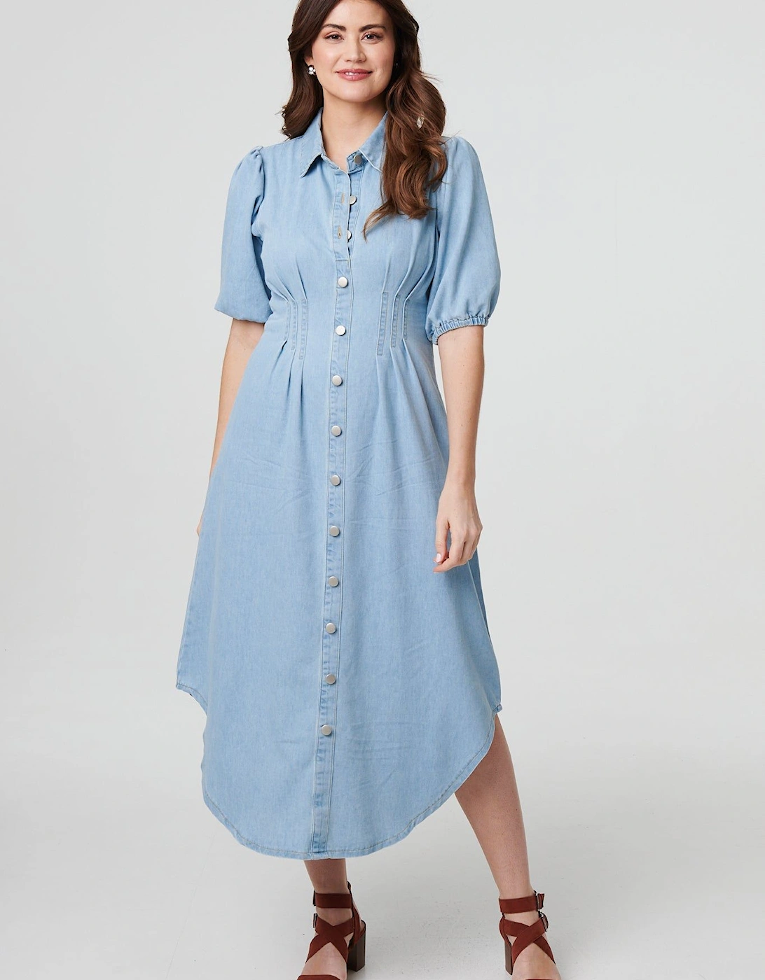 Denim 1/2 Puff Sleeve Ruched Maxi Shirt Dress, 2 of 1