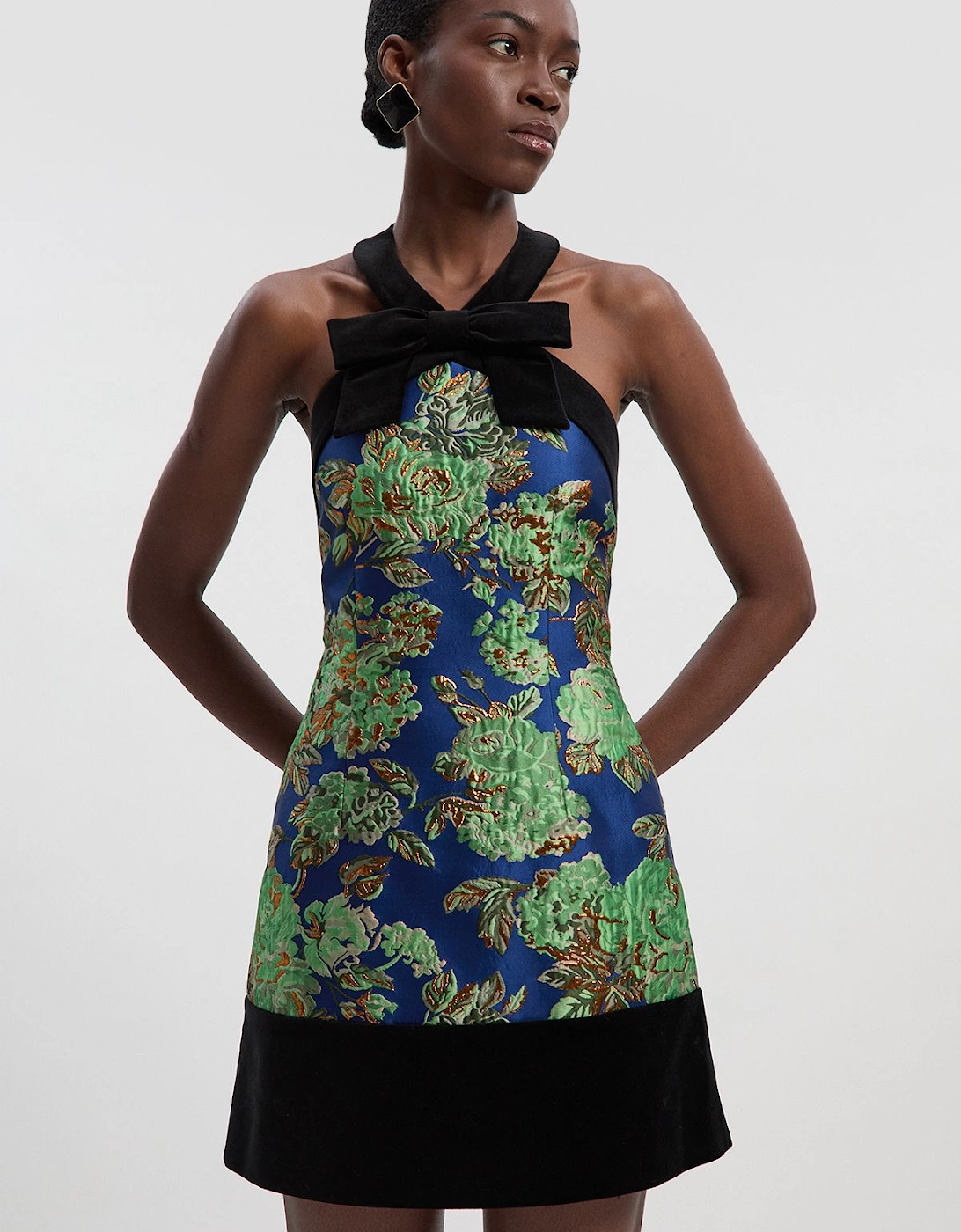 Tall Velvet And Jacquard Contrast Halterneck Tailored Mini Dress, 2 of 1