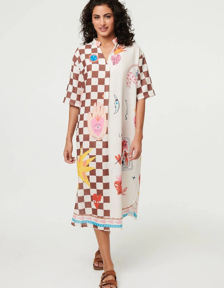 Abstract 1/2 Sleeve Midi Shift Dress