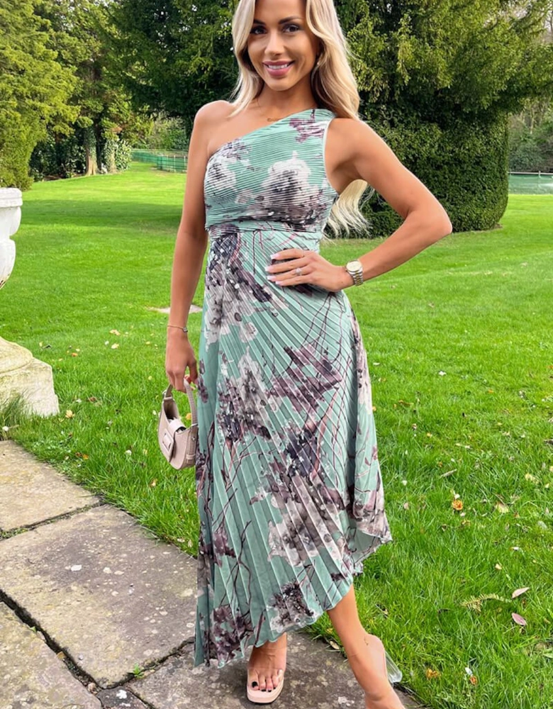 Duck Egg Printed One Shoulder Pleated Midi Dress