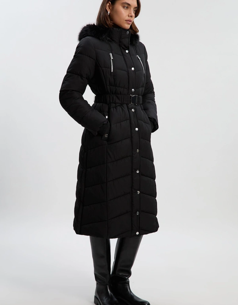 Faux Down Padded Belted Hooded Puffer Coat