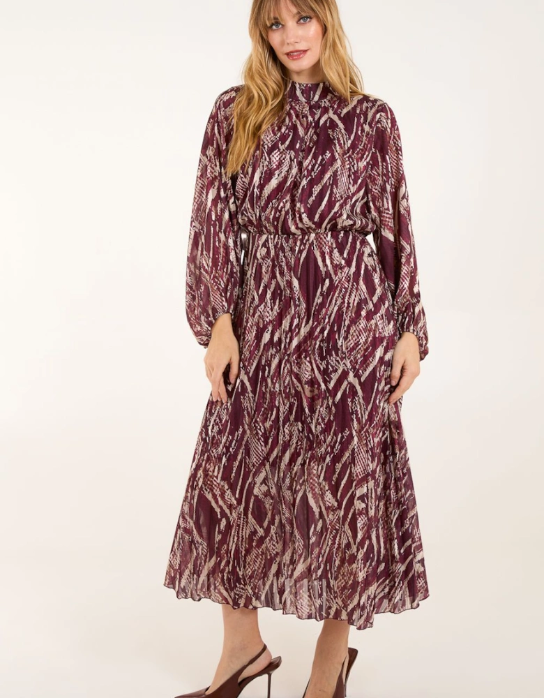 High Neck Pleated Digital Wave Abstract Dress