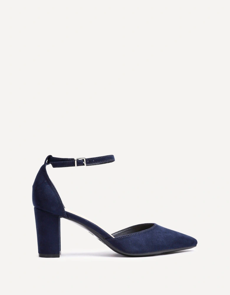 Leona Navy Faux Suede Closed Back Block Heeled Court Shoe