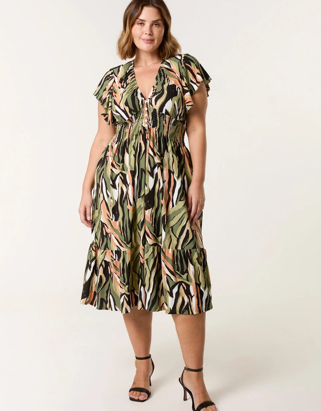 Khaki Curve Elasticated Neck Shirred Waist Midi, 2 of 1