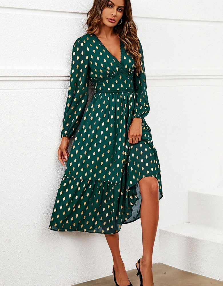 Gold Foil Lace Trim Long Sleeve Midi Dress