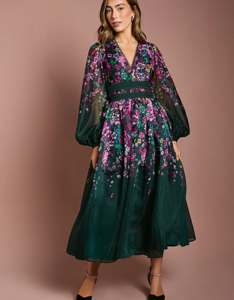 Organza Floral Placement Lace Trim Midaxi Dress