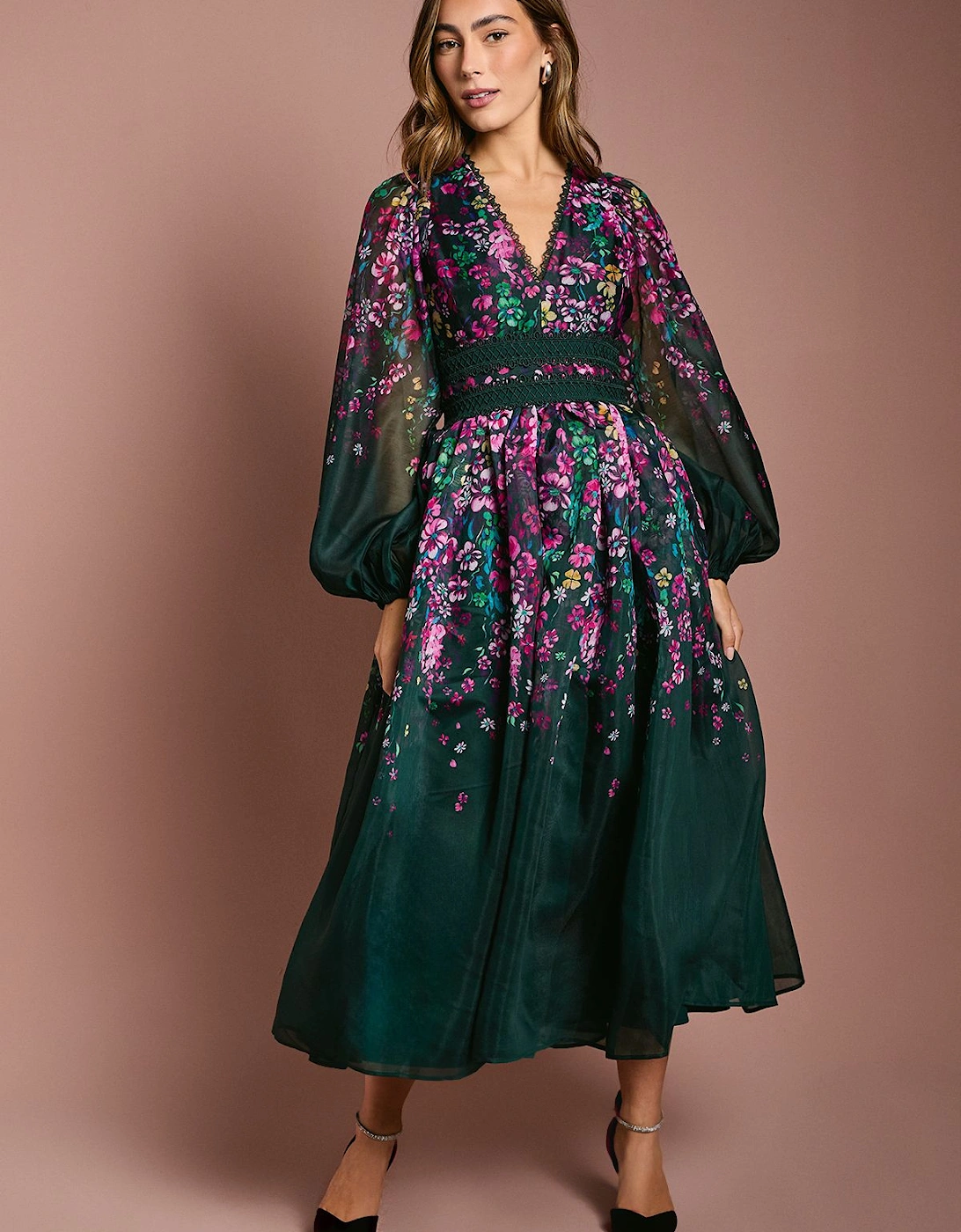 Organza Floral Placement Lace Trim Midaxi Dress, 2 of 1