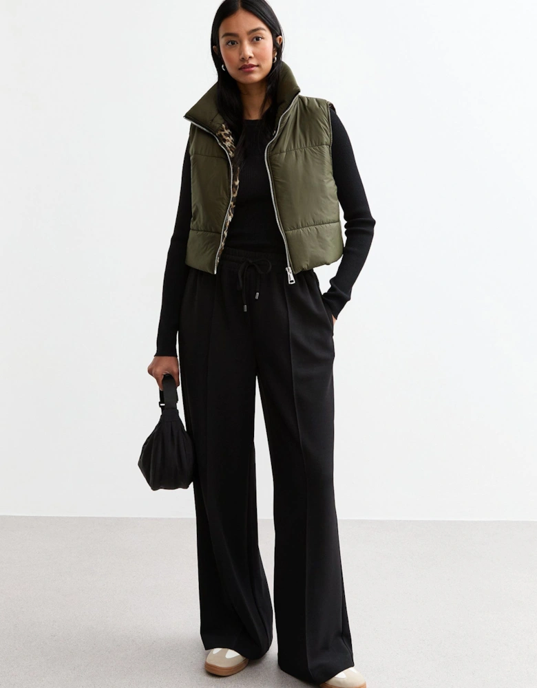Khaki Contrast Animal Padded Crop Gilet
