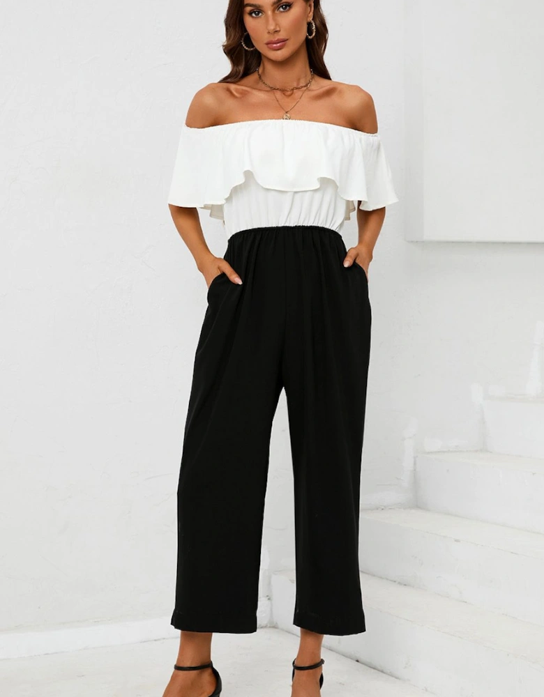Black Contrast off the Shoulder Ruffle Jumpsuit In White