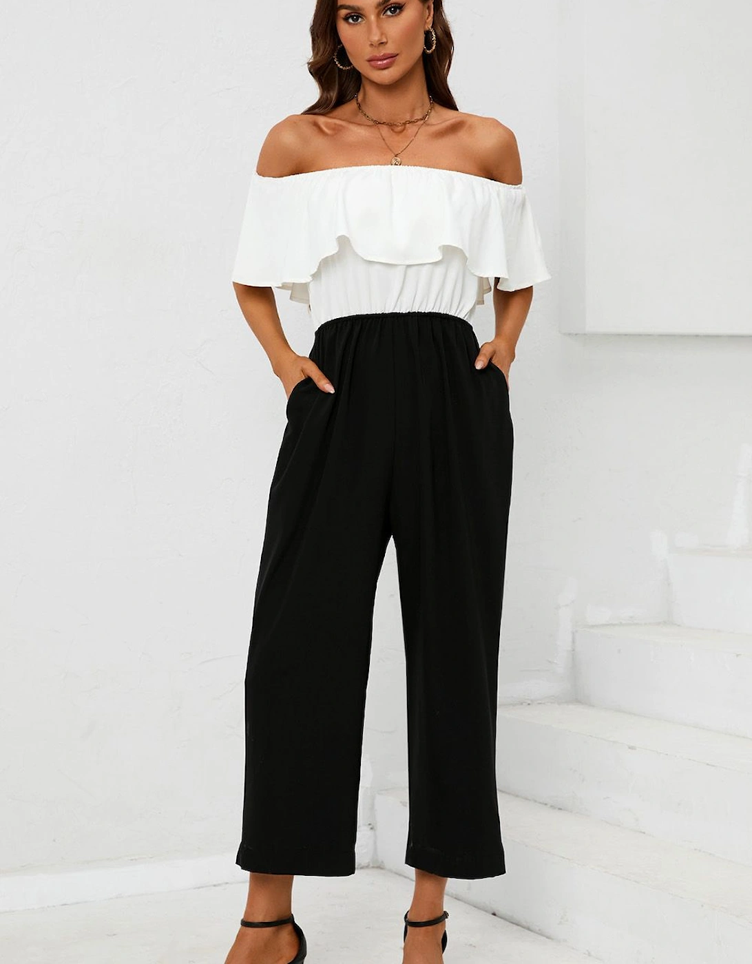 Black Contrast off the Shoulder Ruffle Jumpsuit In White, 2 of 1
