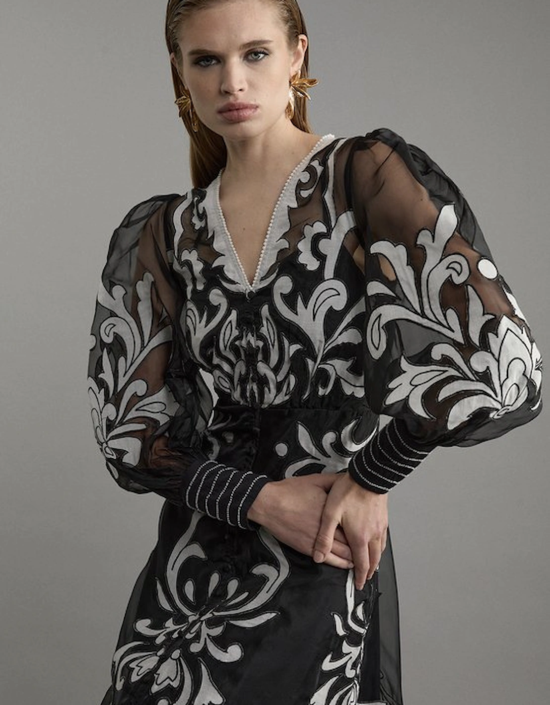 Applique Organdie Buttoned Woven Midi Dress
