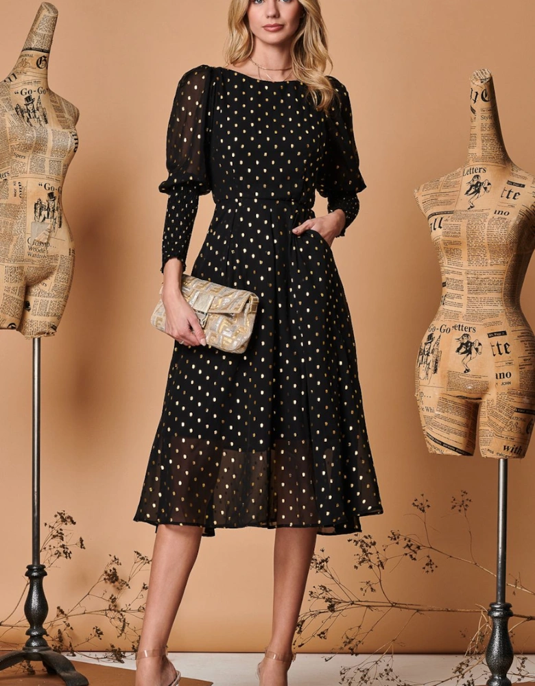 Metallic Chiffon Puff Sleeve Maxi Dress