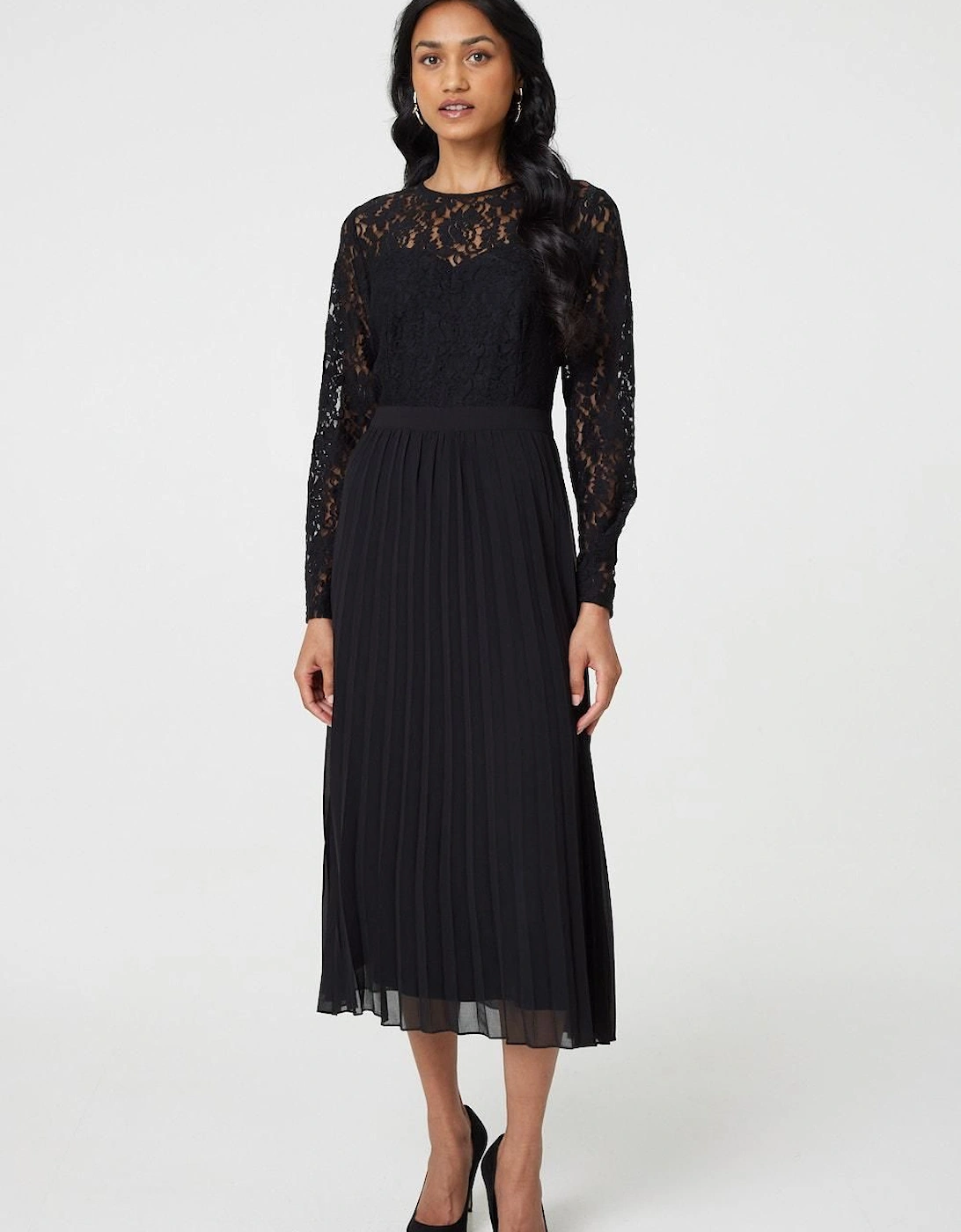 Lace Trim Pleated Long Sleeve Midi Dress, 2 of 1