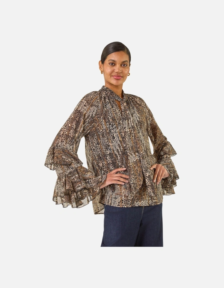 Animal Print Tie Front Flared Top
