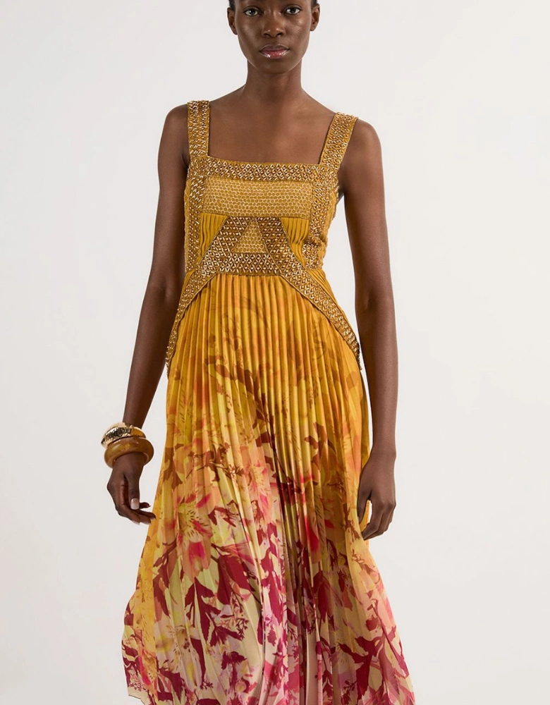 Embellished Ombre Floral Pleated Woven Maxi Dress