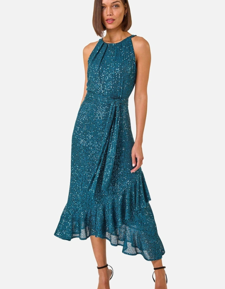 Halter Neck Sequin Midi Stretch Dress