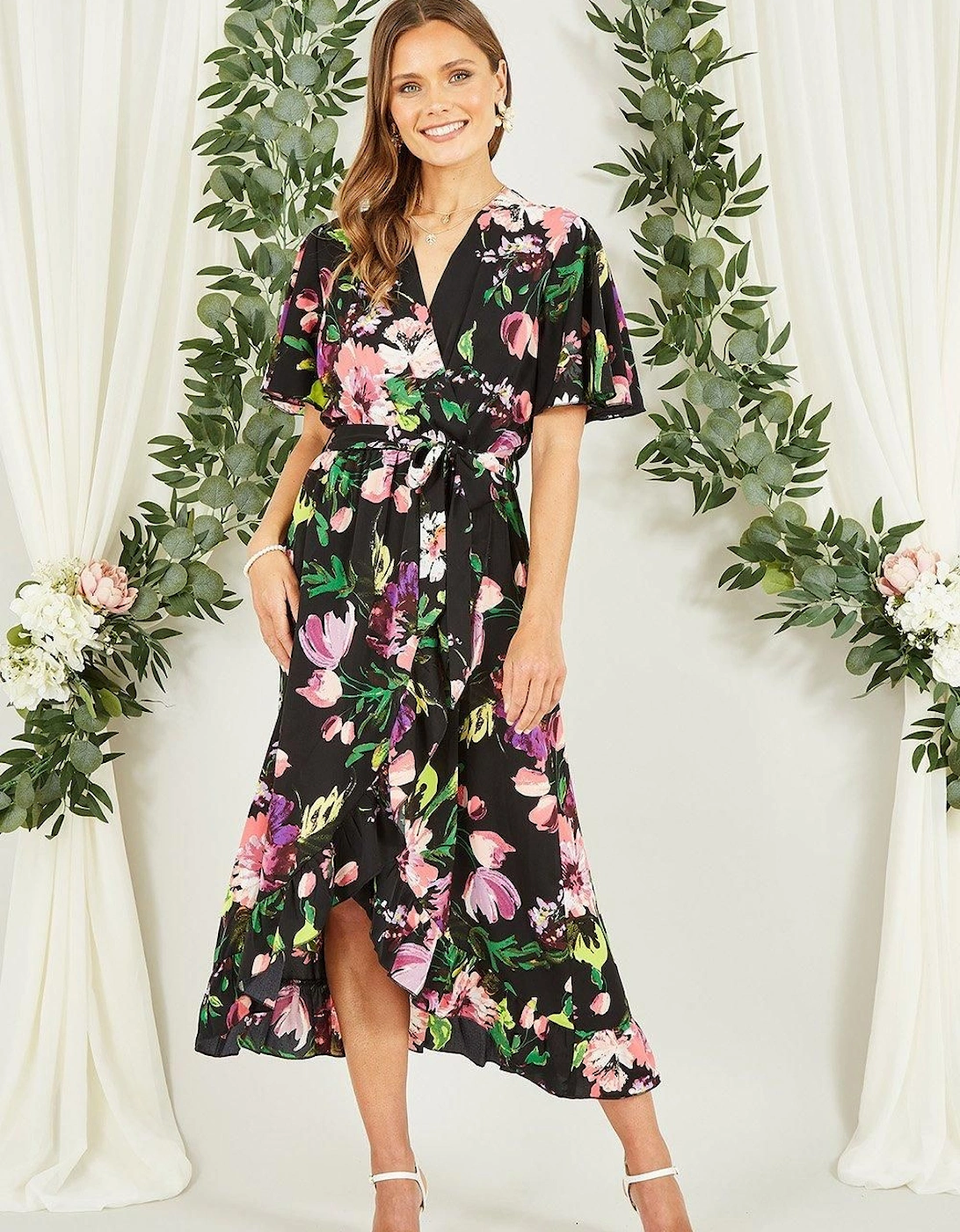 Black Floral Wrap Midi Dress With Frills, 2 of 1