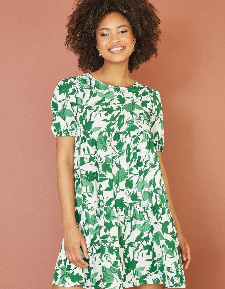 Green Leaf Print Tunic Skater Dress