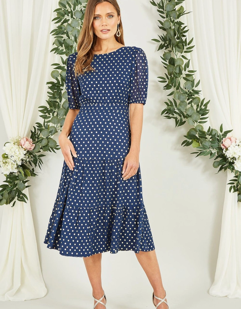 Navy Gold Foil Spot Midi Dress With Scoop Back