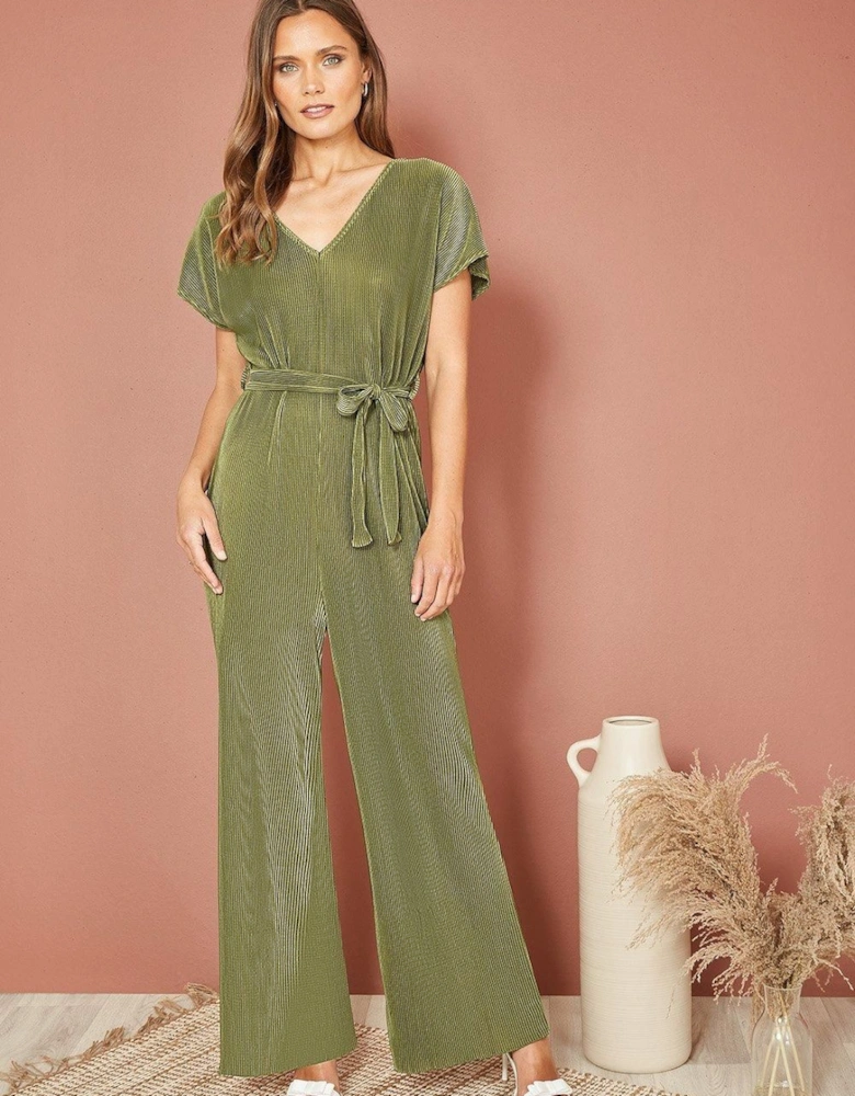 Green Pleated Jumpsuit With V Neck