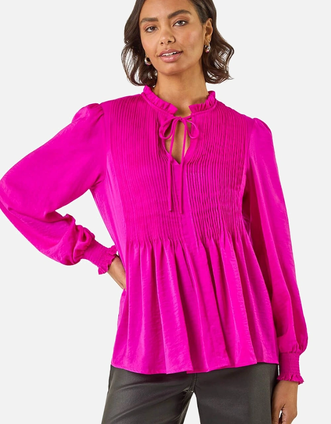 Satin Pleated Tie Neck Top, 2 of 1