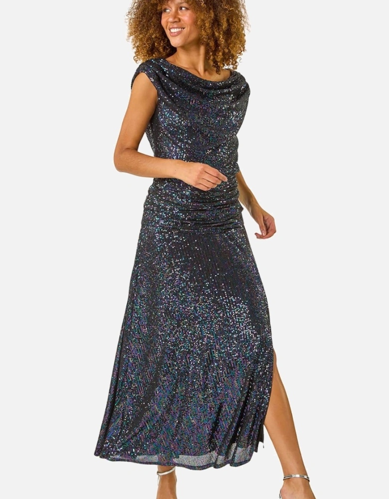 Sequin Cowl Neck Maxi Stretch Dress