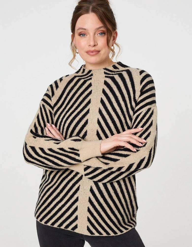 Striped High Neck Drop Shoulder Jumper