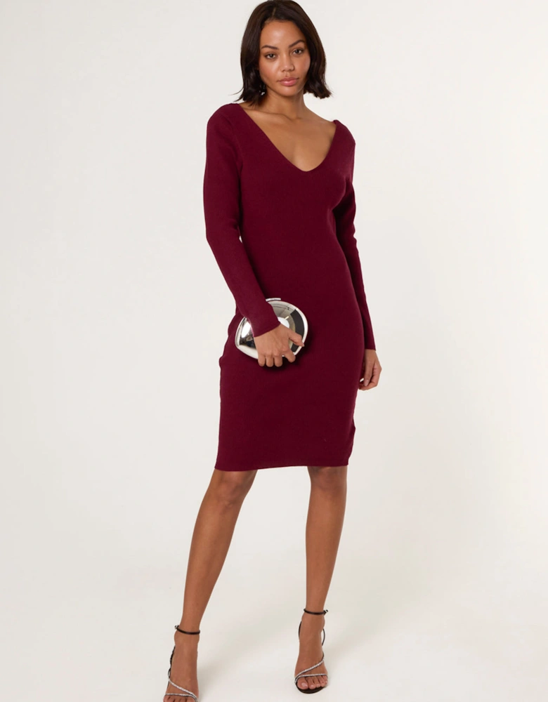 Red V Neck Bow Back Detailed Knitted Dress