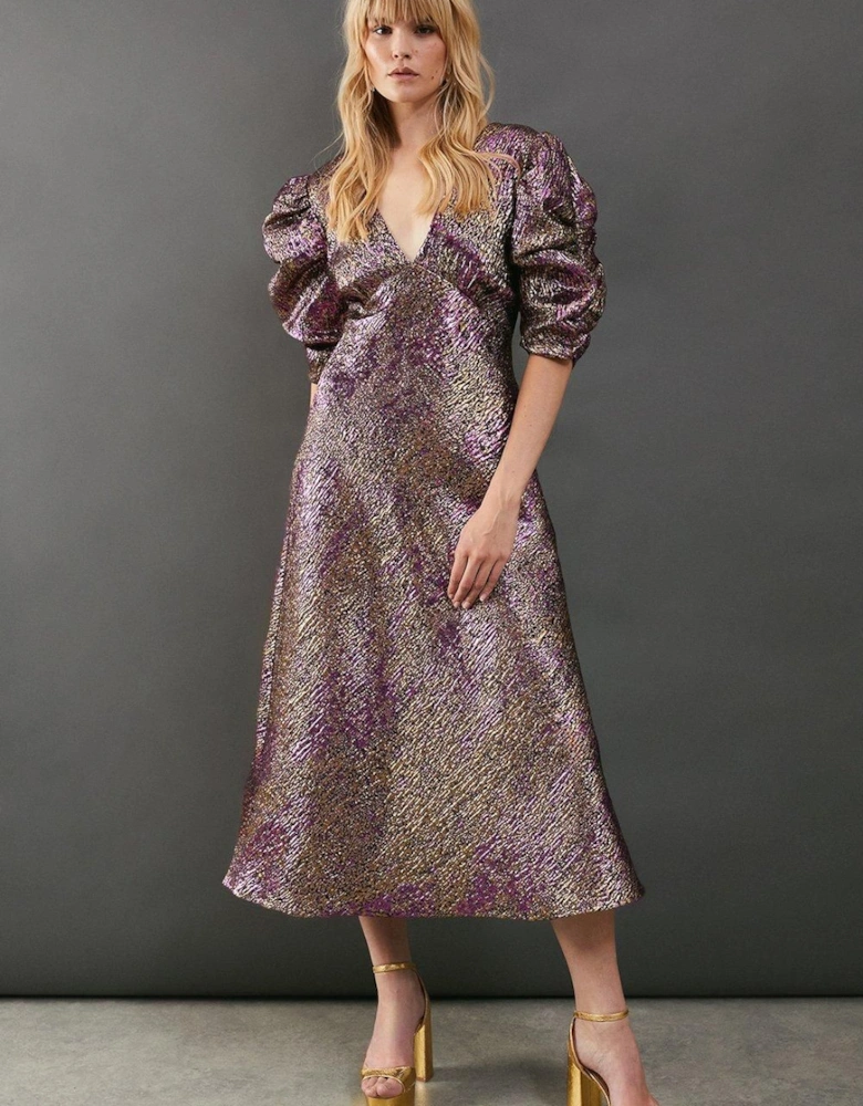 Metallic Jacquard Plunge Neck Puff Sleeve Midi Dress