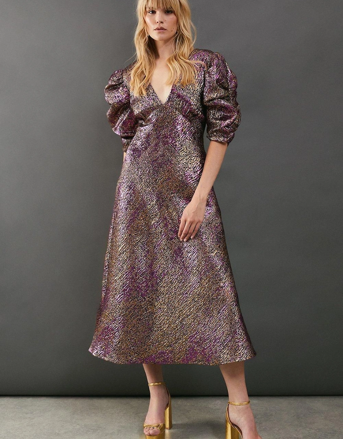 Metallic Jacquard Plunge Neck Puff Sleeve Midi Dress, 2 of 1