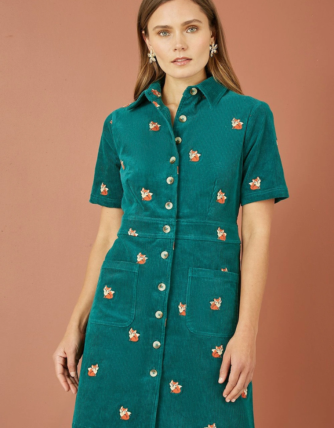 Teal Cord Shirt Dress With All Over Fox Embroidery, 2 of 1