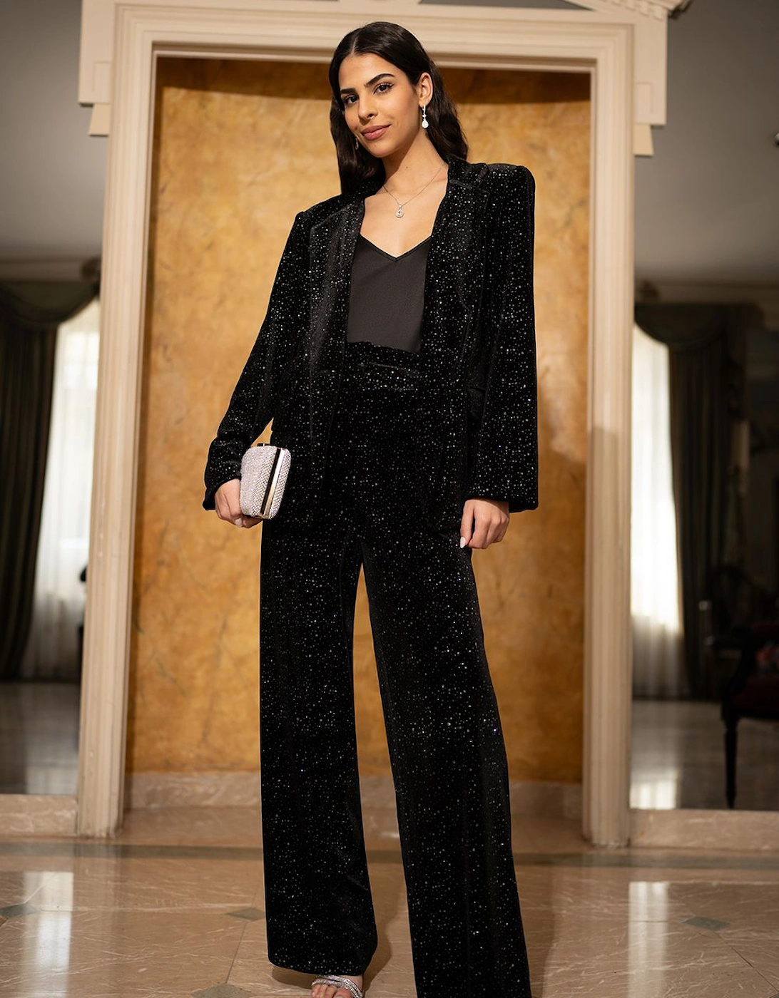 Black Velvet Sparkle Wide Leg Trousers, 2 of 1