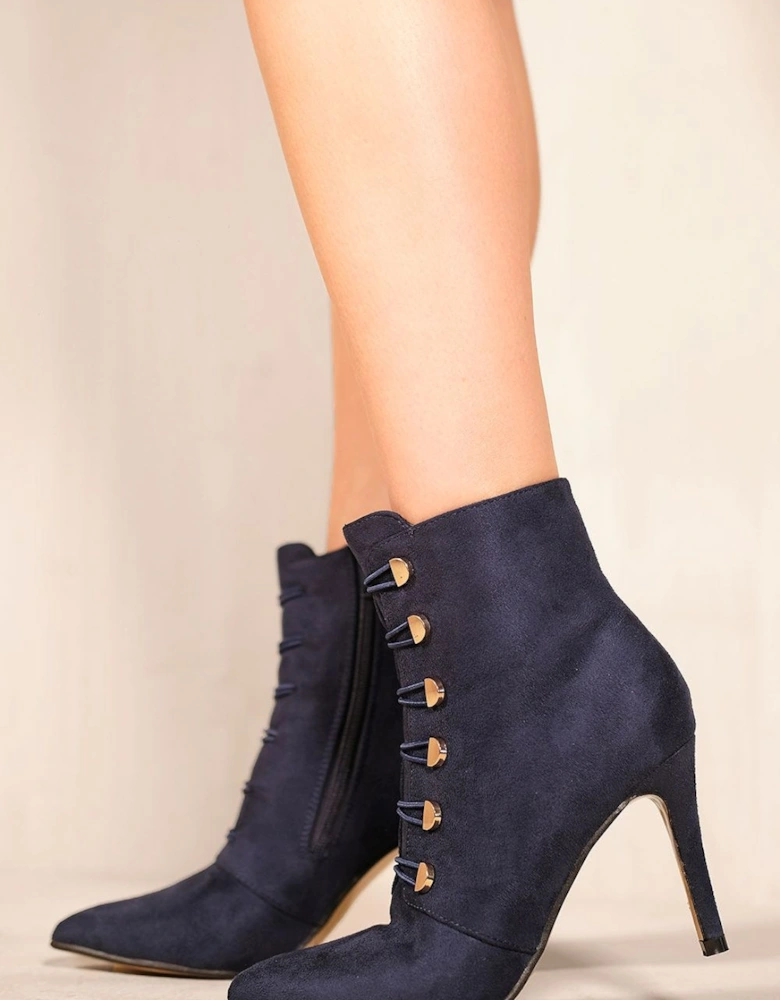 'Blythe' Pointed Toe Mid Heel Ankle Boots With Gold Buttons
