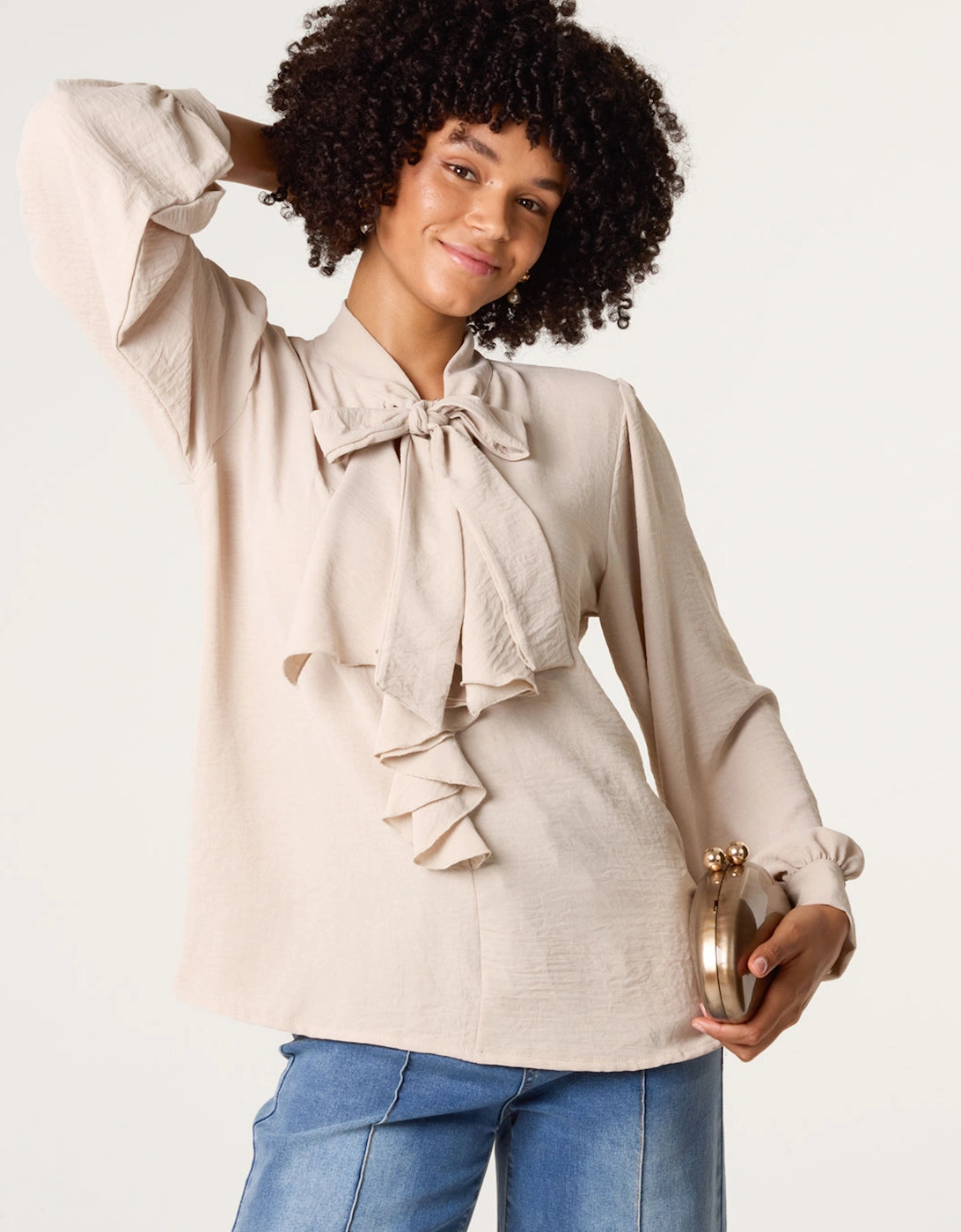 Light Brown Ruffle Pussy Bow Blouse, 2 of 1