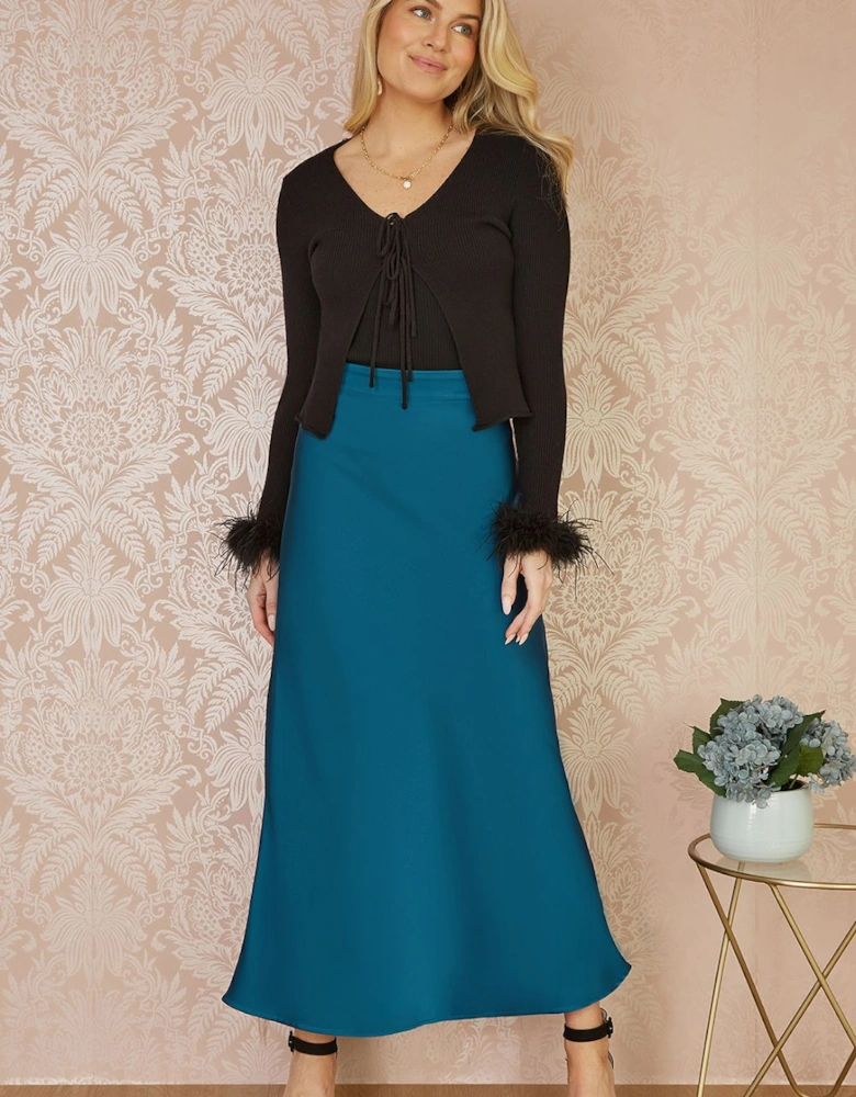 Teal Satin Midi Skirt