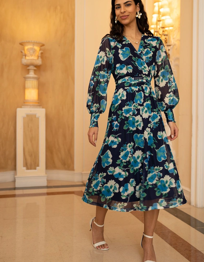 Blue Floral Mesh Wrap Dress With Long Sleeves