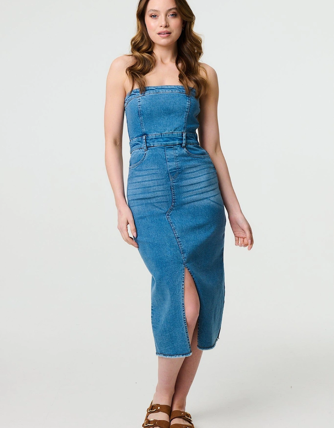 Denim Strapless Bodycon Midi Dress, 2 of 1