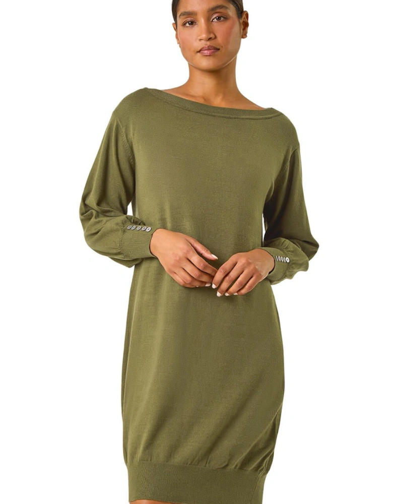 Button Detail Slash Neck Knitted Stretch Dress