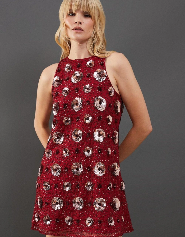 Premium Rose Hand Embellished Sequin Racer Mini Dress