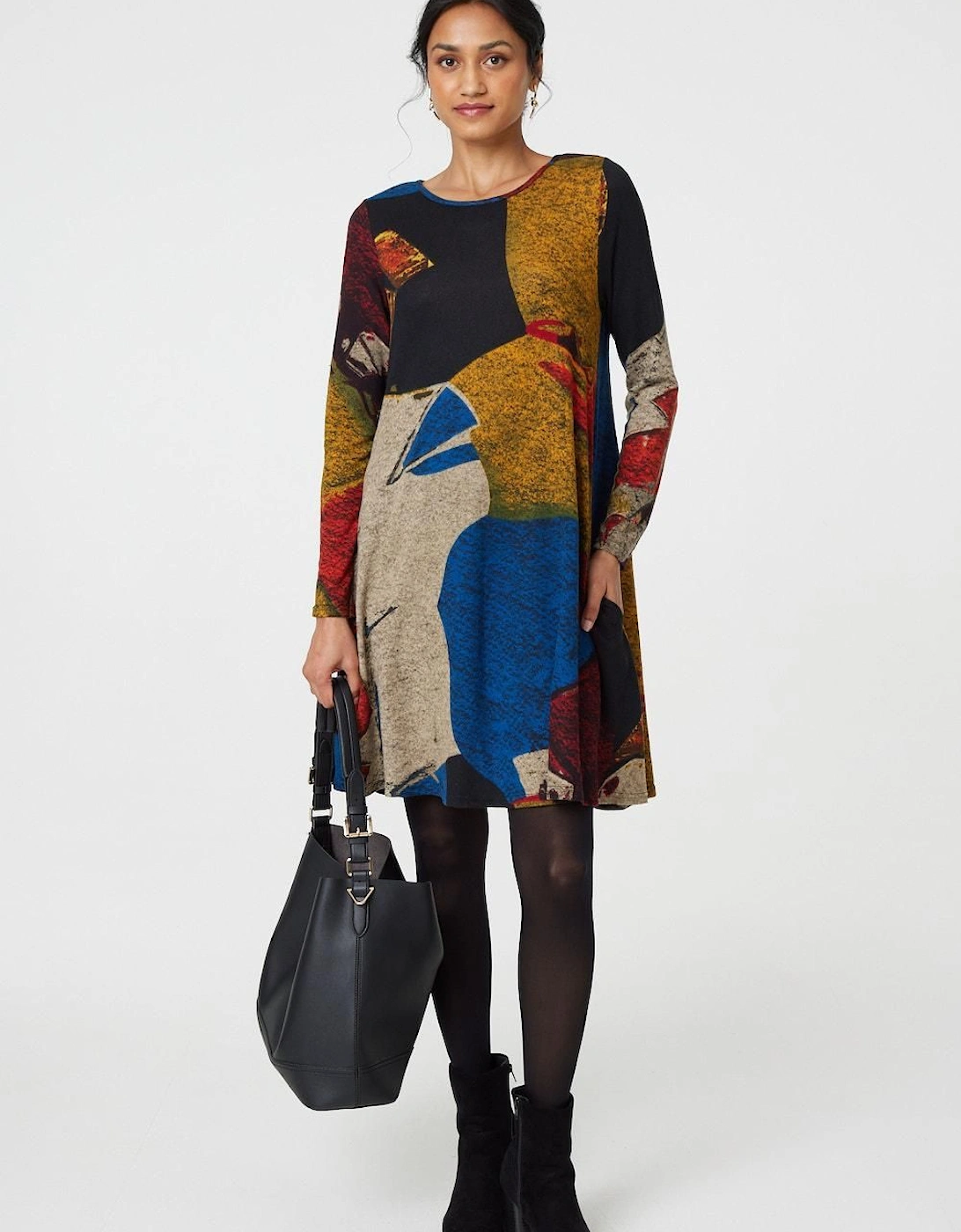 Abstract Print Long Sleeve Short Swing Dress, 2 of 1