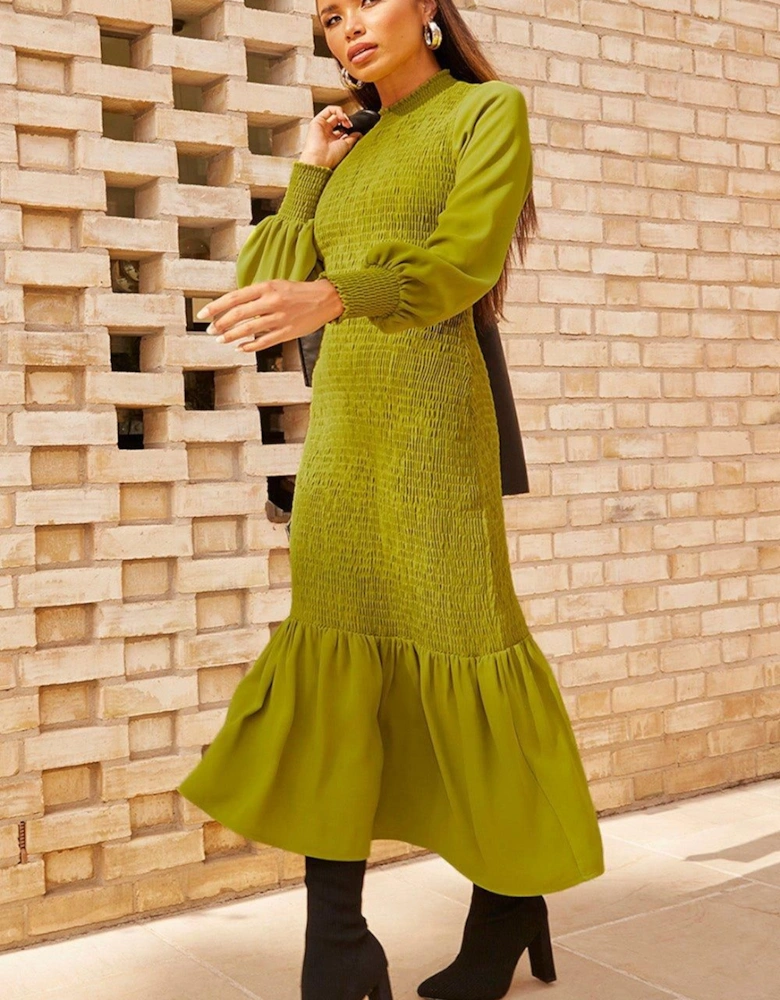 Long Sleeve Shirred Maxi Dress