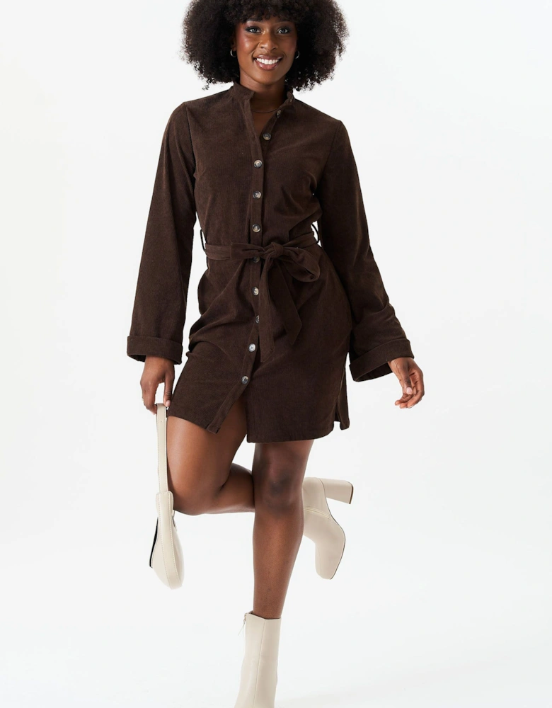 Brown Button Front Belted Corduroy Shirt Dress