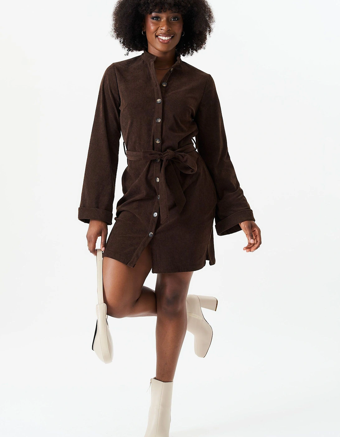 Brown Button Front Belted Corduroy Shirt Dress, 2 of 1
