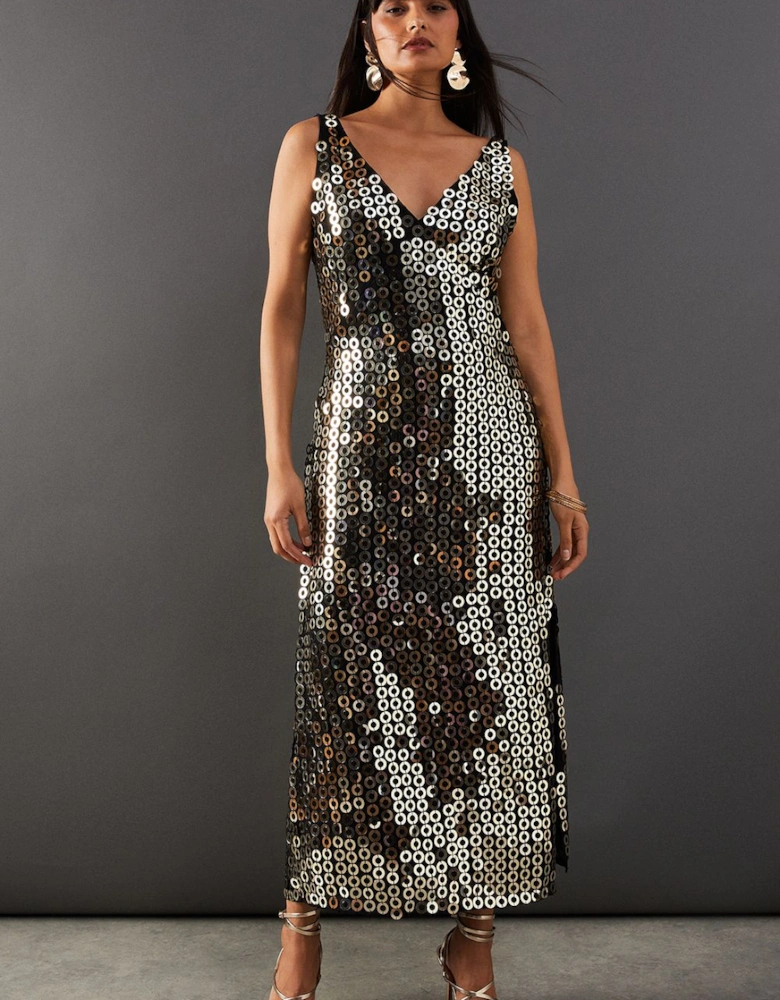 Hand Embellished Disk Sequin High Apex Midi Dress