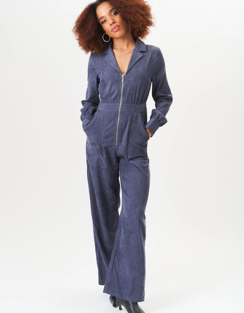 Blue Long Sleeves Zip Front Cord Jumpsuit