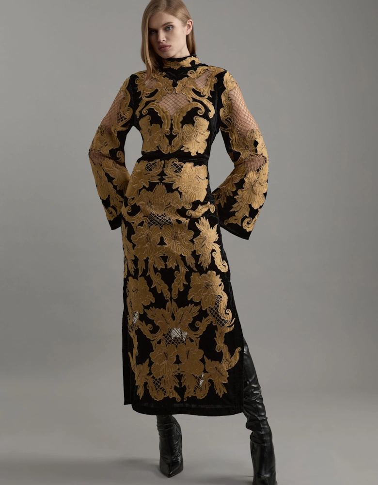 Velvet Applique & Beaded Woven Column Midi Dress