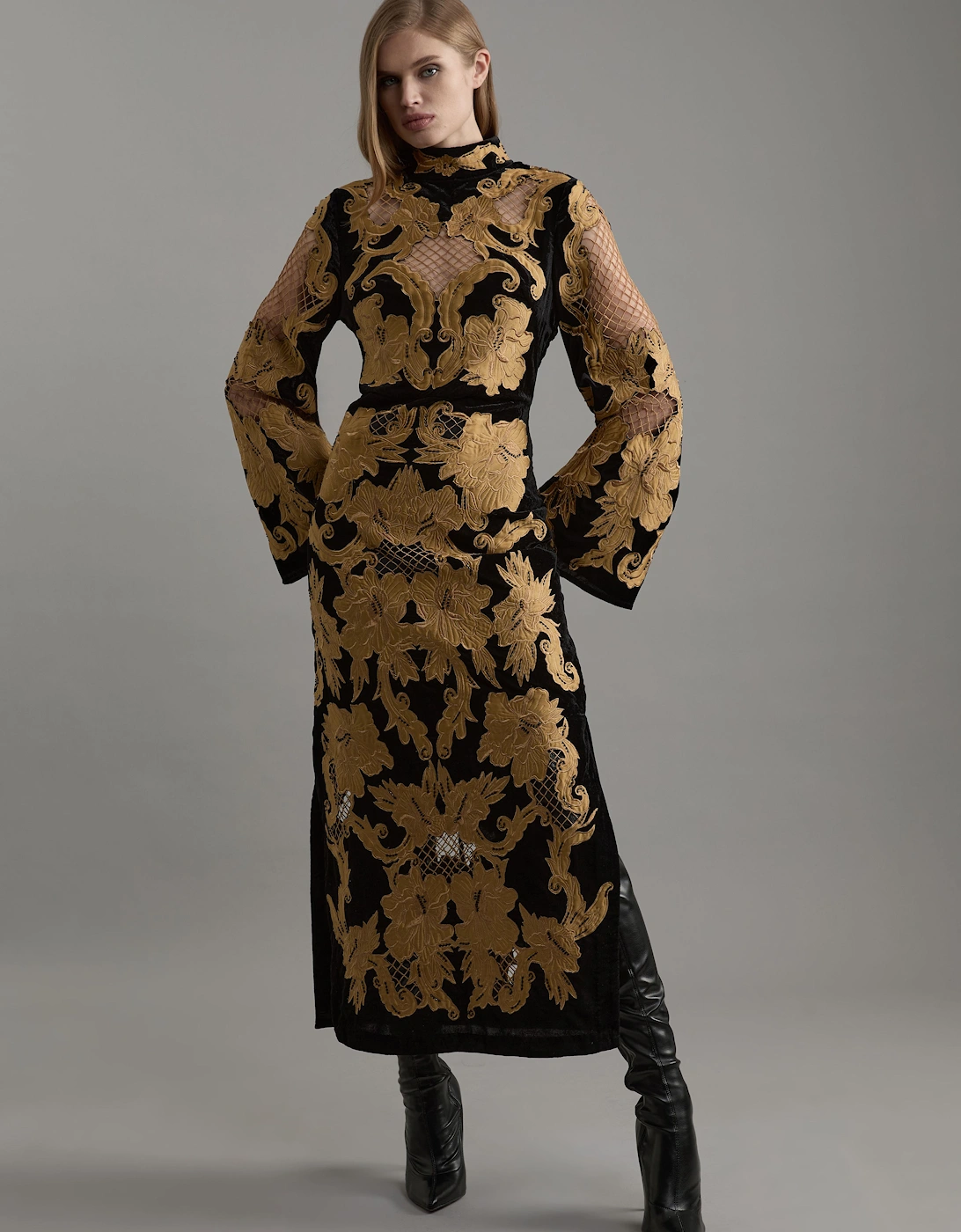 Velvet Applique & Beaded Woven Column Midi Dress, 2 of 1