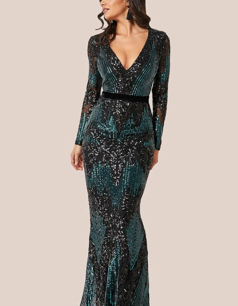 Long Sleeve Sequin Evening Maxi Dress