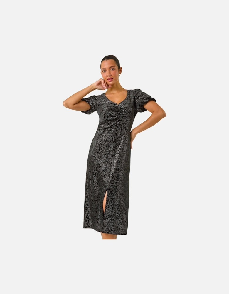 Velvet Ruched Front Stretch Midi Dress